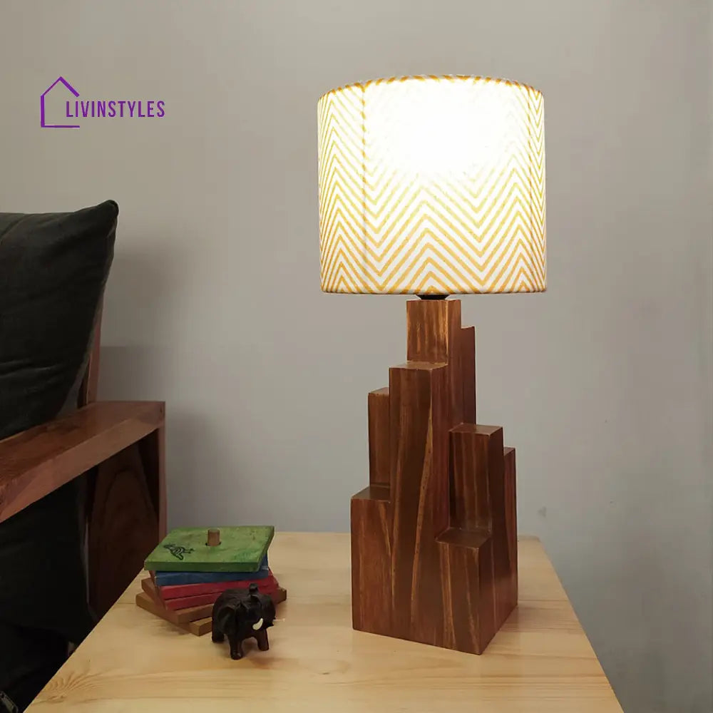 Skyline Brown Wooden Table Lamp With Yellow Printed Fabric Lampshade Lamps