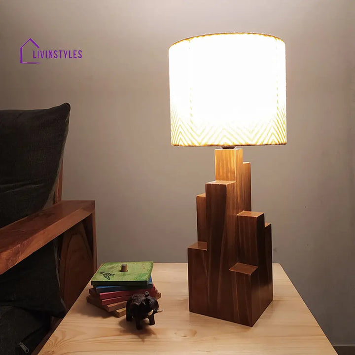 Skyline Brown Wooden Table Lamp With Yellow Printed Fabric Lampshade Lamps