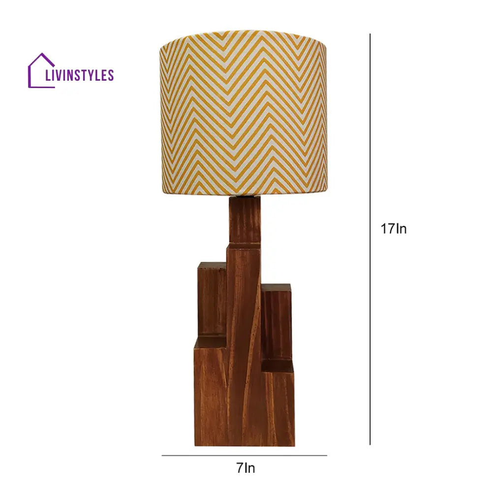 Skyline Brown Wooden Table Lamp With Yellow Printed Fabric Lampshade Lamps