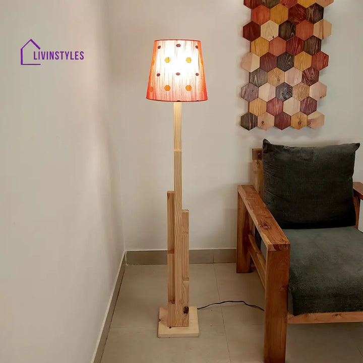 Skyline Wooden Floor Lamp With Beige Base And Red Printed Fabric Lampshade Lamps