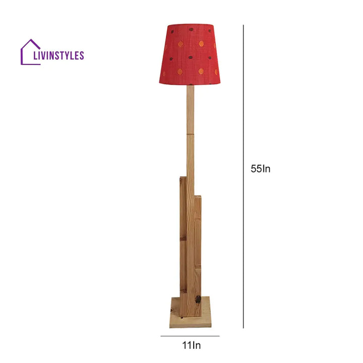 Skyline Wooden Floor Lamp With Beige Base And Red Printed Fabric Lampshade Lamps