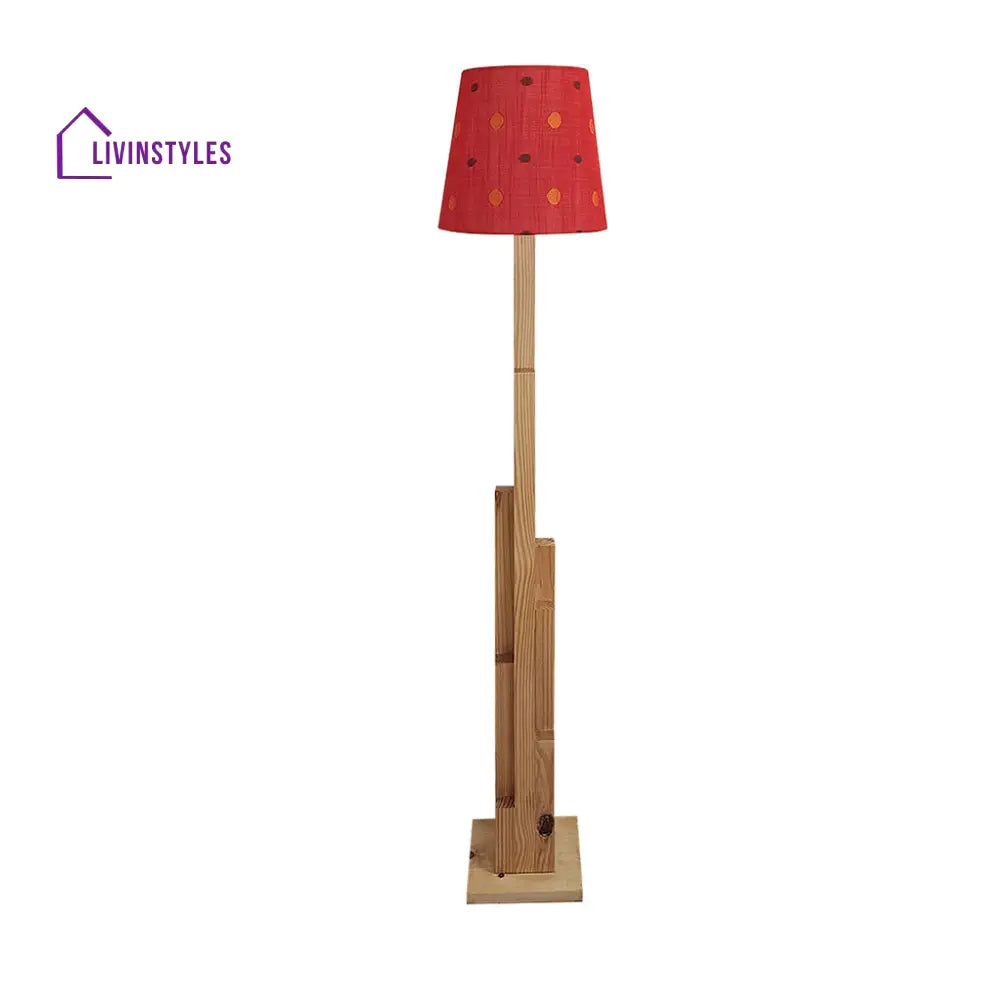 Skyline Wooden Floor Lamp With Beige Base And Red Printed Fabric Lampshade Lamps