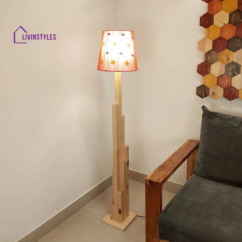 Skyline Wooden Floor Lamp With Beige Base And Red Printed Fabric Lampshade Lamps