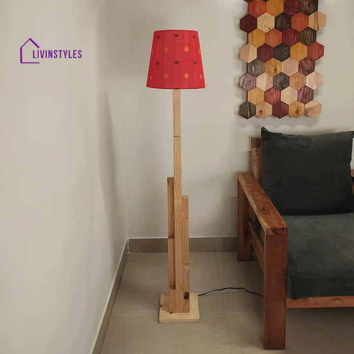 Skyline Wooden Floor Lamp With Beige Base And Red Printed Fabric Lampshade Lamps