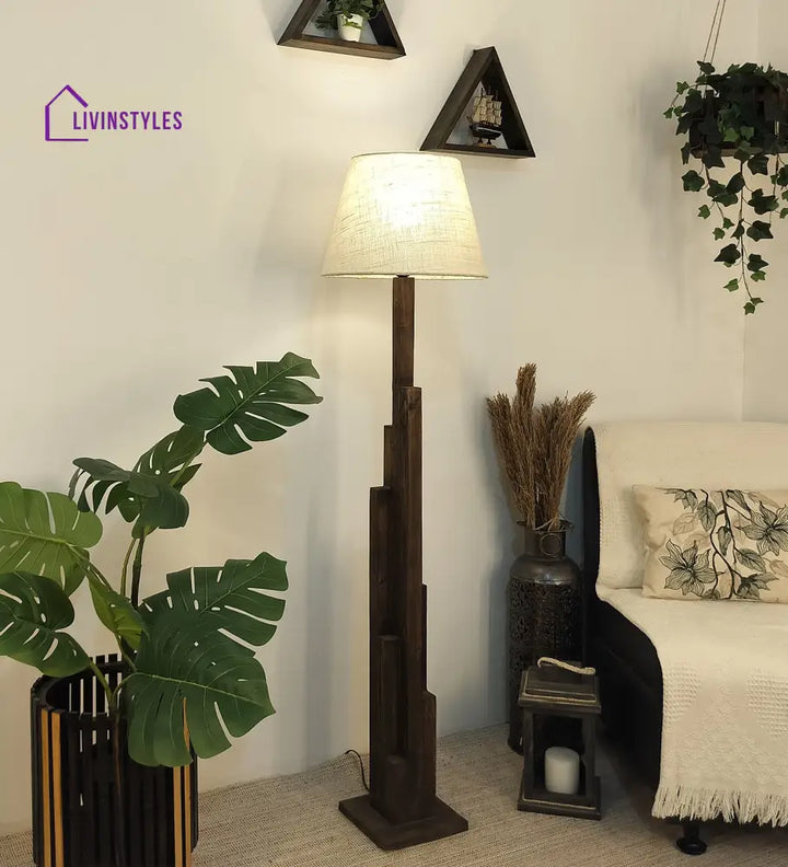 Skyline Wooden Floor Lamp With Brown Base And Beige Fabric Lampshade Lamps