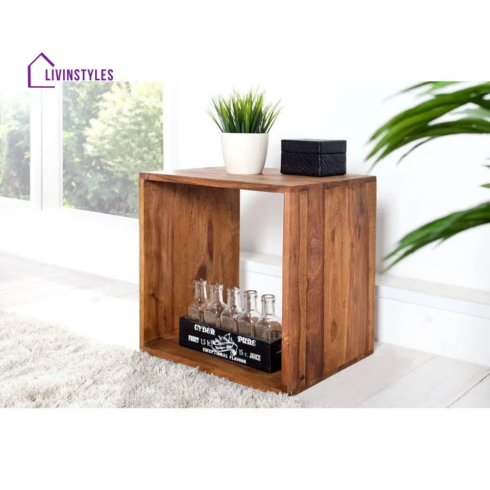 Solid Sheesham Wood Cubic End Table (Honey) Side Table