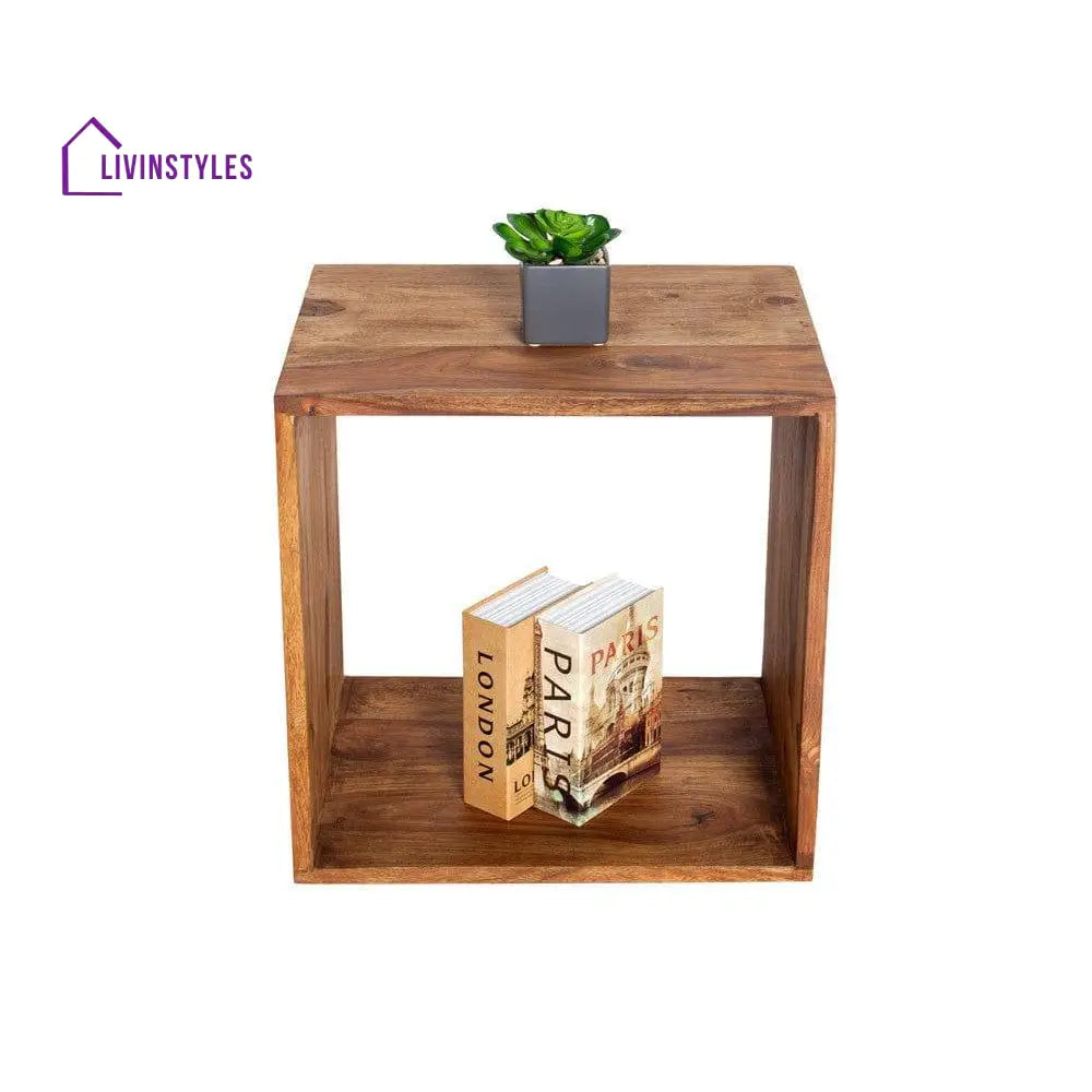 Solid Sheesham Wood Cubic End Table (Honey) Side Table