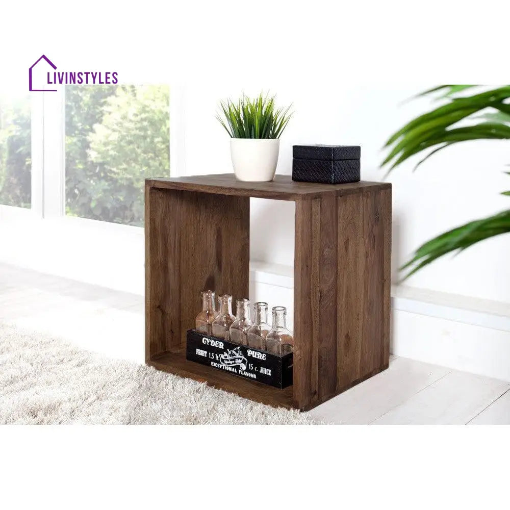 Solid Sheesham Wood Cubic End Table (Walnut)