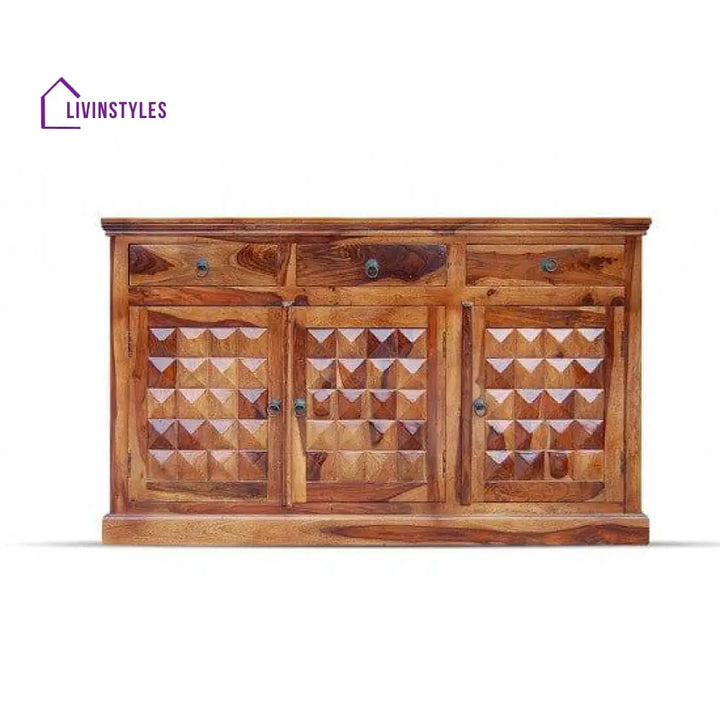 Solid Sheesham Wood Diamond Design Sideboard 3 Door Drawer (Honey Finish)