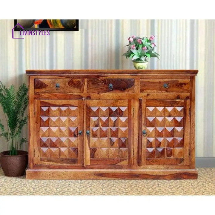 Solid Sheesham Wood Diamond Design Sideboard 3 Door Drawer (Honey Finish)