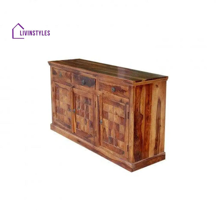 Solid Sheesham Wood Diamond Design Sideboard 3 Door Drawer (Honey Finish)