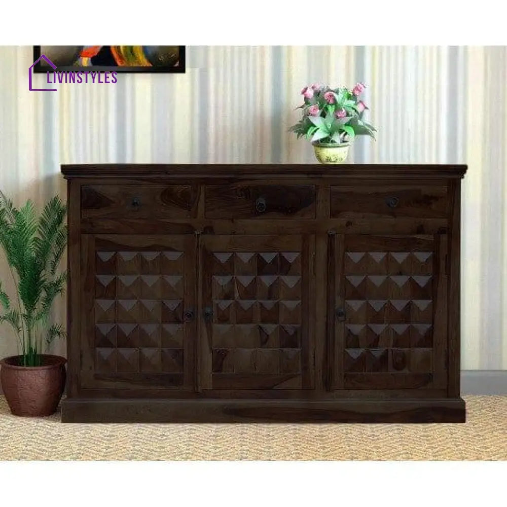 Solid Sheesham Wood Diamond Design Sideboard 3 Door Drawer (Walnut Finish)