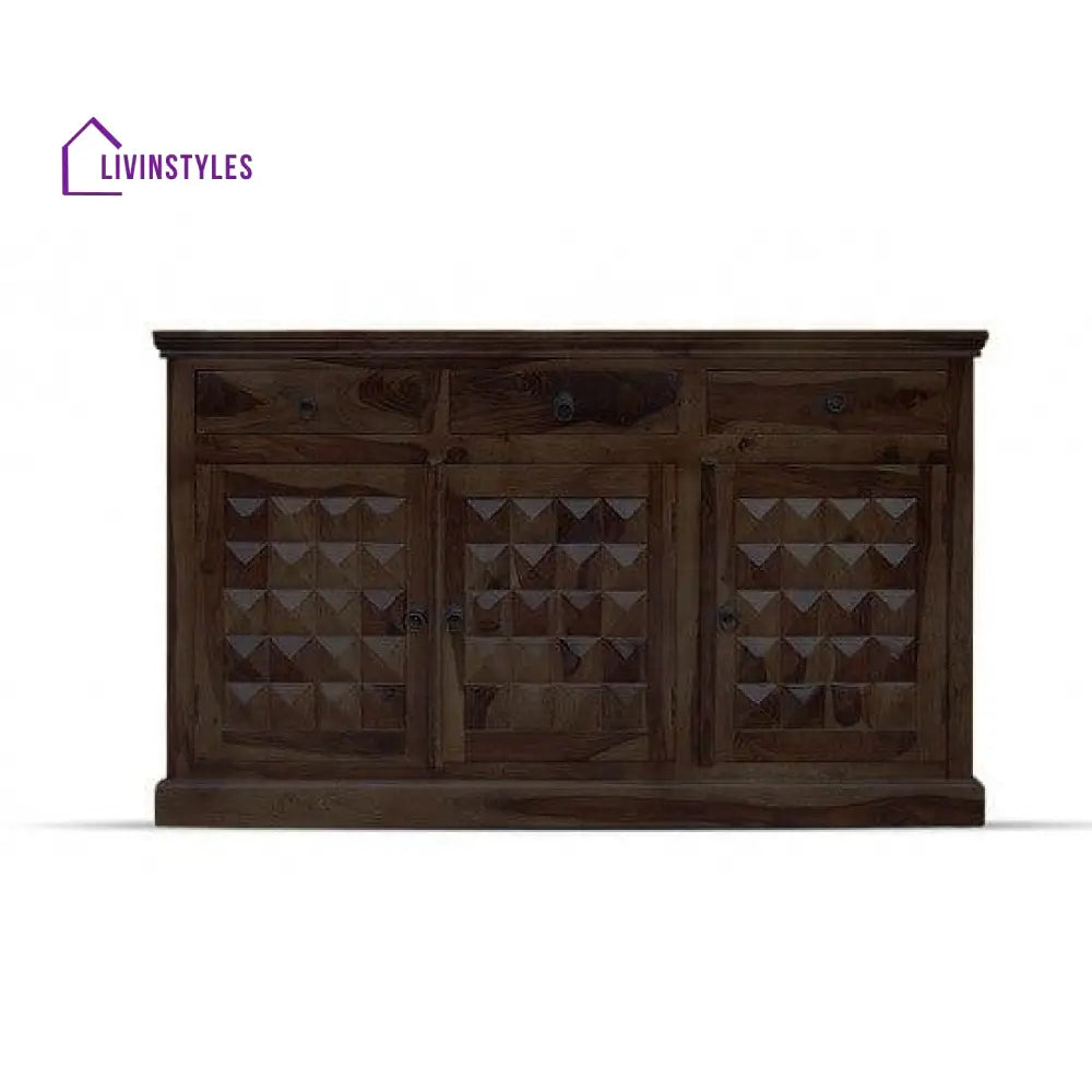 Solid Sheesham Wood Diamond Design Sideboard 3 Door Drawer (Walnut Finish)