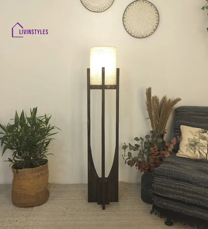 Solitaire Wooden Floor Lamp With Brown Base And Beige Fabric Lampshade Lamps