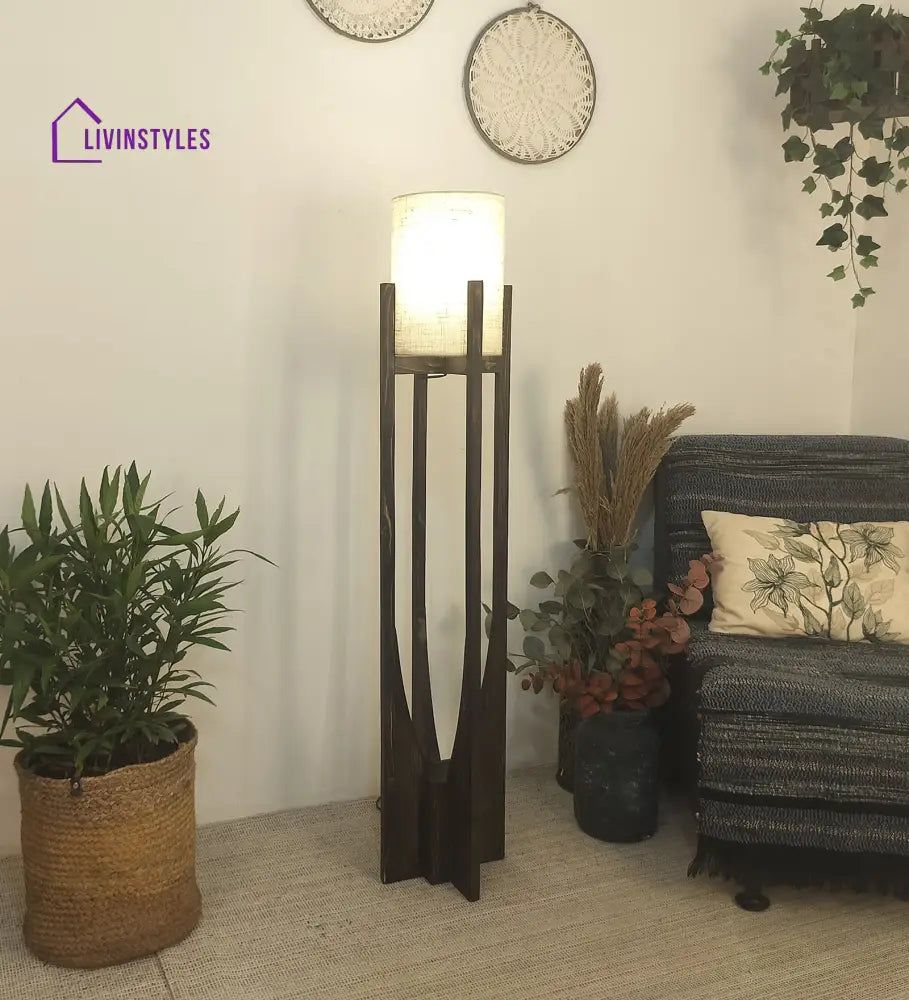 Solitaire Wooden Floor Lamp With Brown Base And Beige Fabric Lampshade Lamps