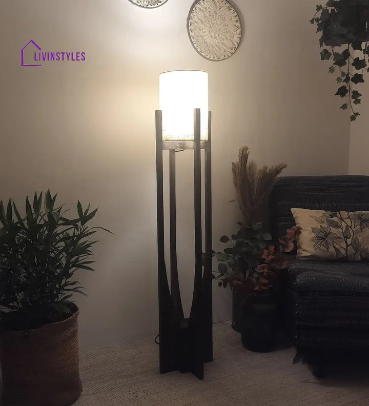 Solitaire Wooden Floor Lamp With Brown Base And Beige Fabric Lampshade Lamps