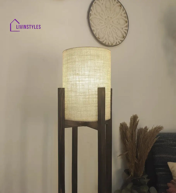 Solitaire Wooden Floor Lamp With Brown Base And Beige Fabric Lampshade Lamps