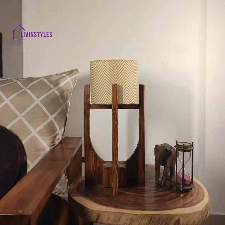 Solitaire Wooden Table Lamp With Brown Base And Yellow Fabric Lampshade Lamps