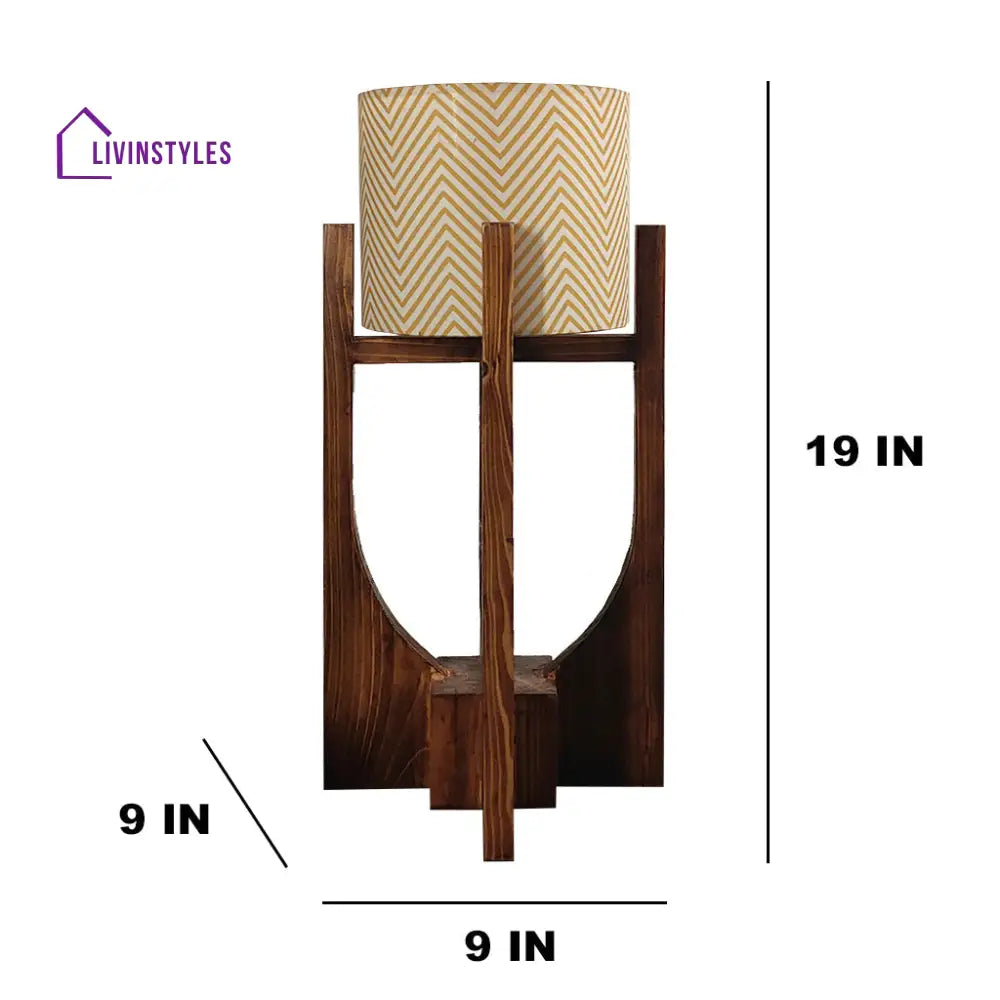 Solitaire Wooden Table Lamp With Brown Base And Yellow Fabric Lampshade Lamps