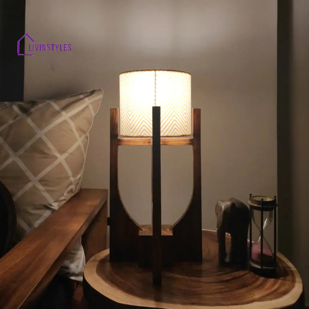 Solitaire Wooden Table Lamp With Brown Base And Yellow Fabric Lampshade Lamps