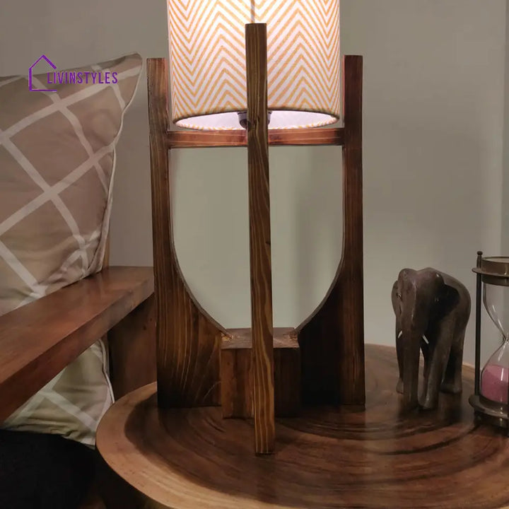 Solitaire Wooden Table Lamp With Brown Base And Yellow Fabric Lampshade Lamps