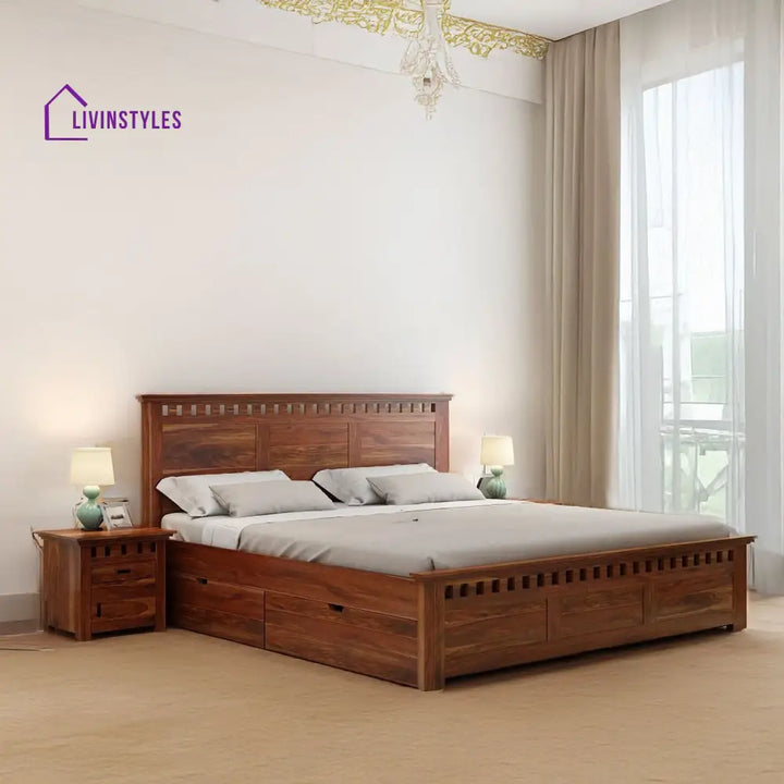 Sona Solid Sheesham Wood Bed With Box Storage (King Size Honey Finish)