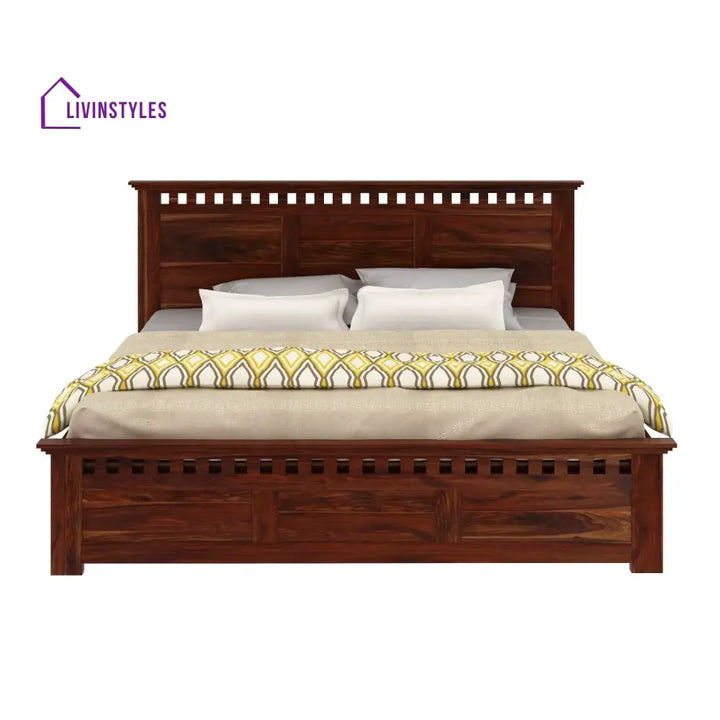 Sona Solid Sheesham Wood Bed With Box Storage (King Size Honey Finish)