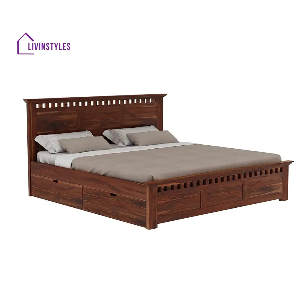 Sona Solid Sheesham Wood Bed With Box Storage (King Size Honey Finish)