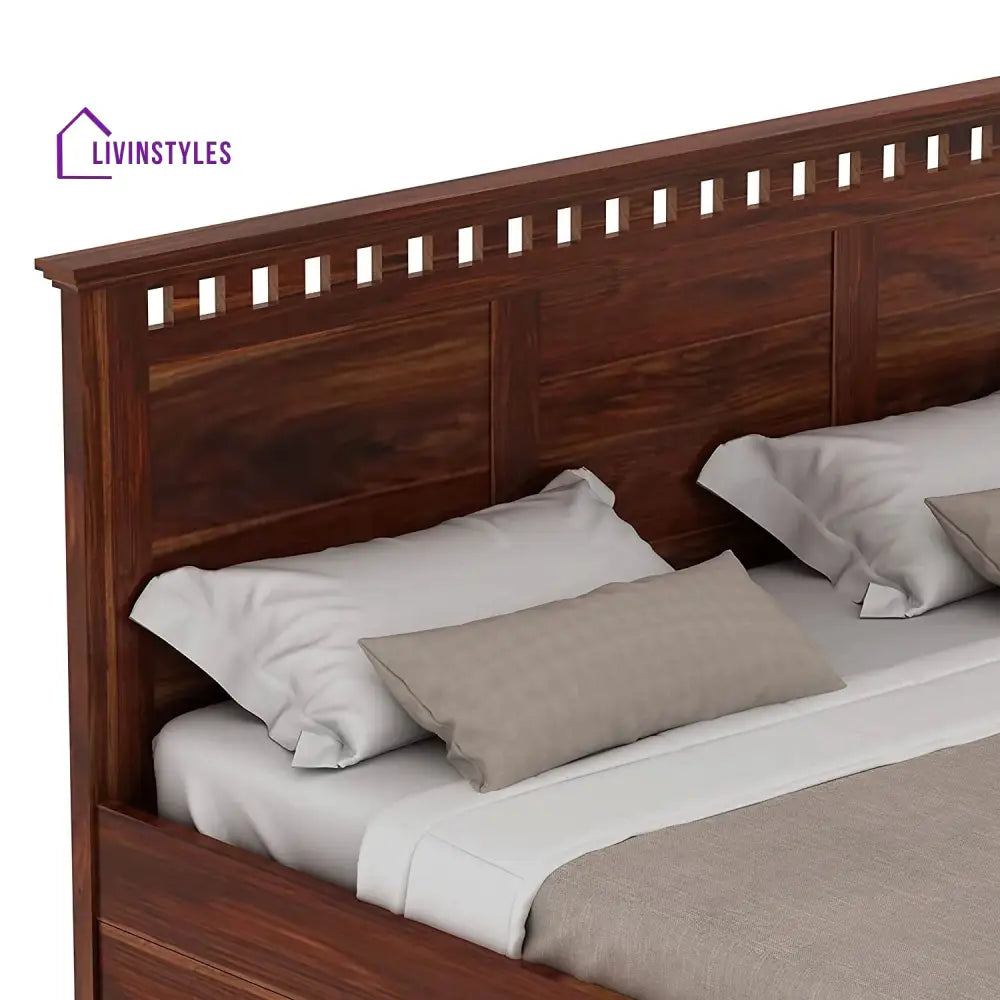 Sona Solid Sheesham Wood Bed With Box Storage (King Size Honey Finish)