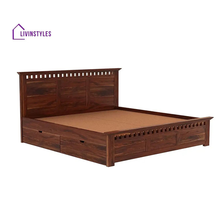 Sona Solid Sheesham Wood Bed With Box Storage (King Size Honey Finish)