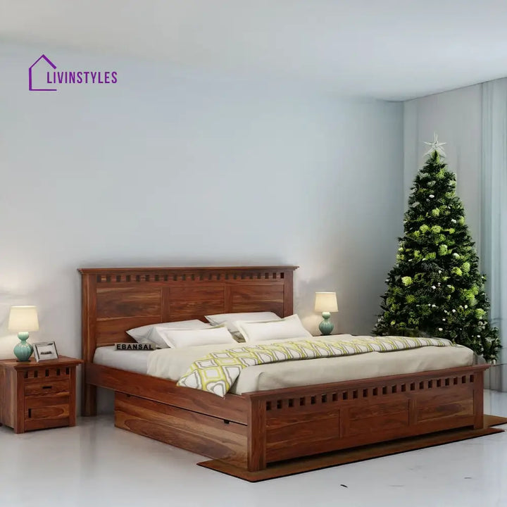 Sona Solid Sheesham Wood Bed With Two Drawers (King Size Honey Finish)