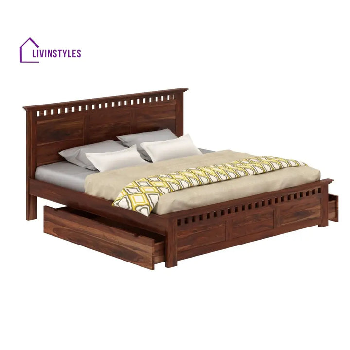 Sona Solid Sheesham Wood Bed With Two Drawers (King Size Honey Finish)