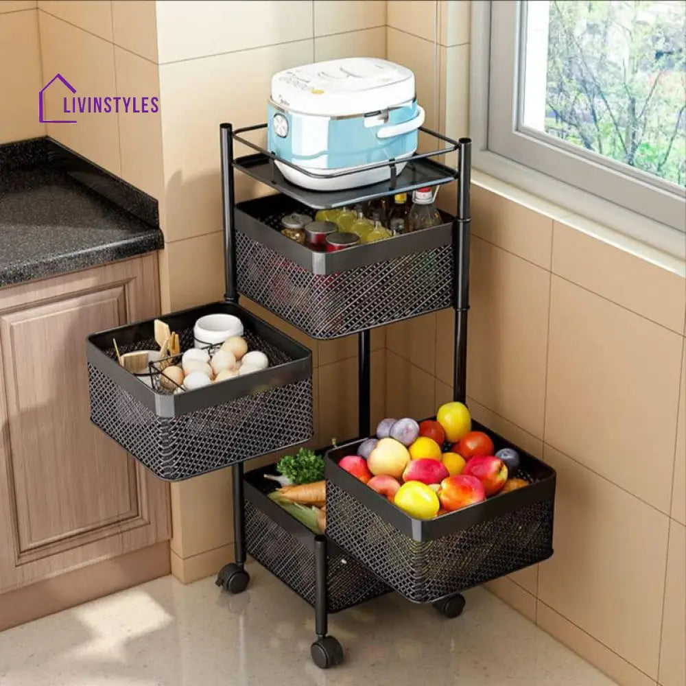 Kitchen Trolley Kitchen Organizer Items And kitchen accessories items for Kitchen Storage Rack Square Design Fruits & Vegetable Onion Cutlery ,Jars Container Kitchen Trolley with Wheels Black - Ouch Cart 