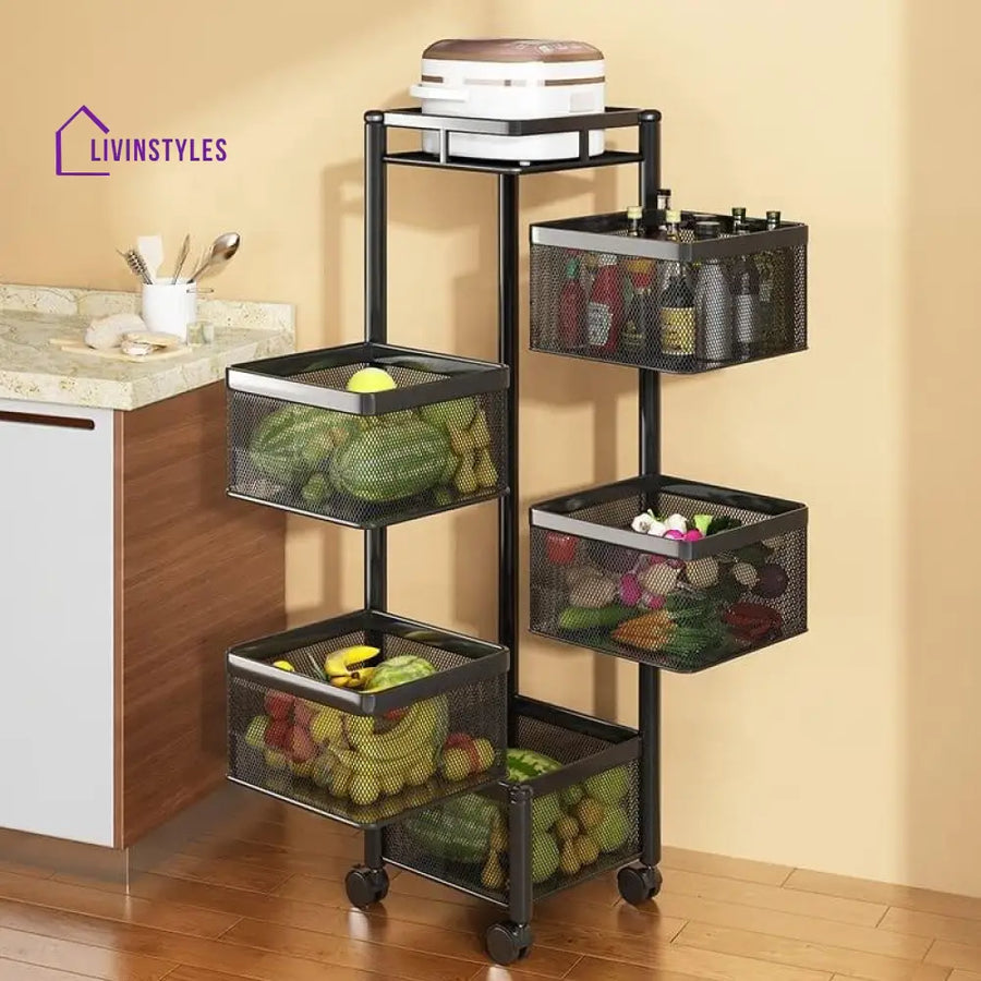 Kitchen Trolley Kitchen Organizer Items And kitchen accessories items for Kitchen Storage Rack Square Design Fruits & Vegetable Onion Cutlery ,Jars Container Kitchen Trolley with Wheels Black - Ouch Cart 