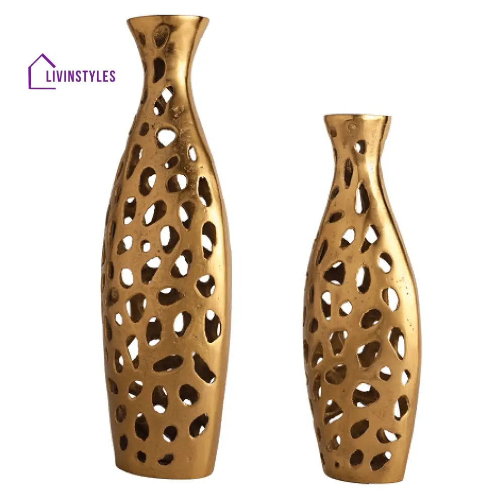 Sophia Floral Vase Set Of 2 In Raw Gold Finish