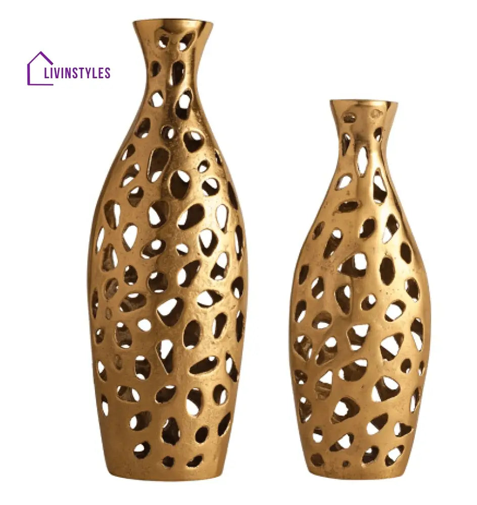 Sophia Floral Vase Set Of 2 In Raw Gold Finish