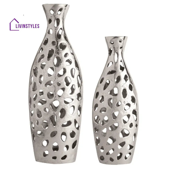 Sophia Floral Vase Set Of 2 In Raw Silver Finish