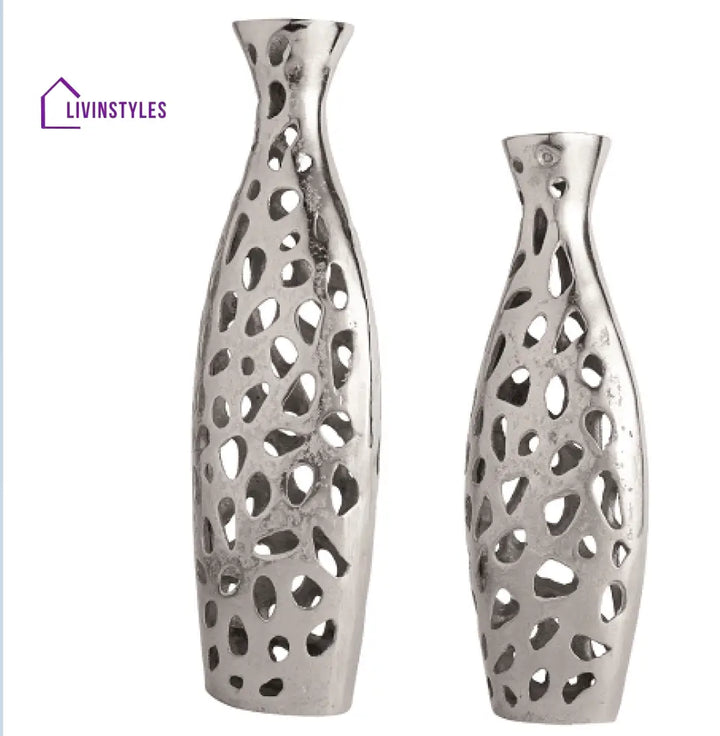 Sophia Floral Vase Set Of 2 In Raw Silver Finish