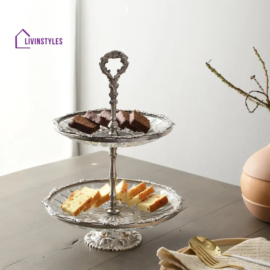 Spearhead Crystal Double Cake Stand In Silver Cake Stand