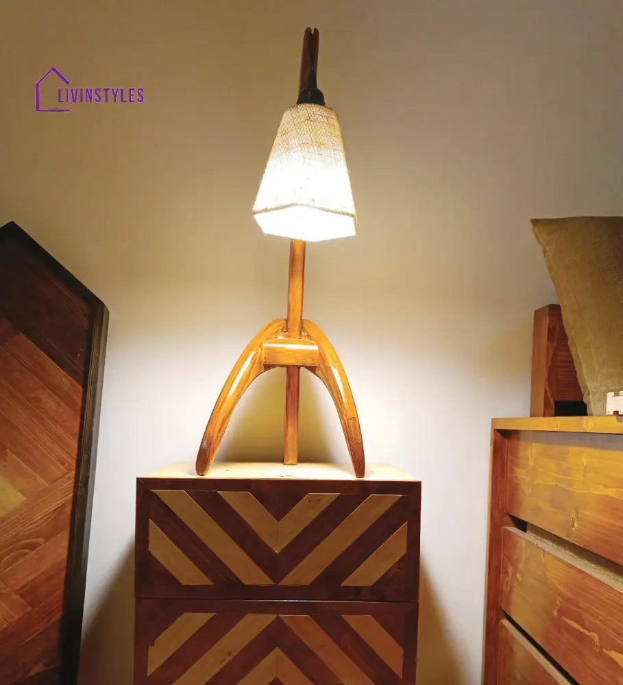 Species Brown Wooden Table Lamp With White Jute Lampshade Lamps