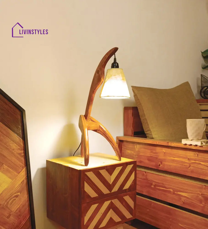 Species Brown Wooden Table Lamp With White Jute Lampshade Lamps