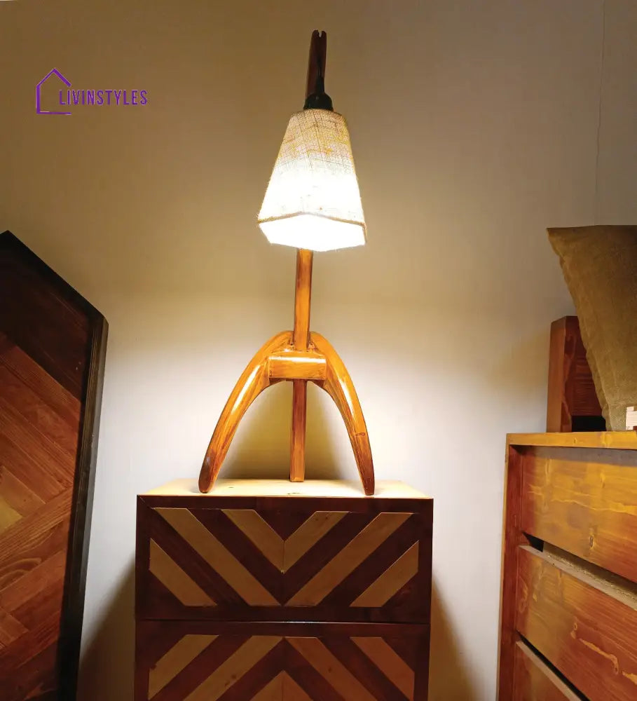 Species Brown Wooden Table Lamp With White Jute Lampshade Lamps