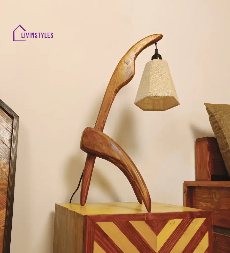 Species Brown Wooden Table Lamp With White Jute Lampshade Lamps