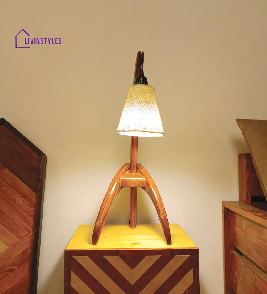 Species Brown Wooden Table Lamp With White Jute Lampshade Lamps