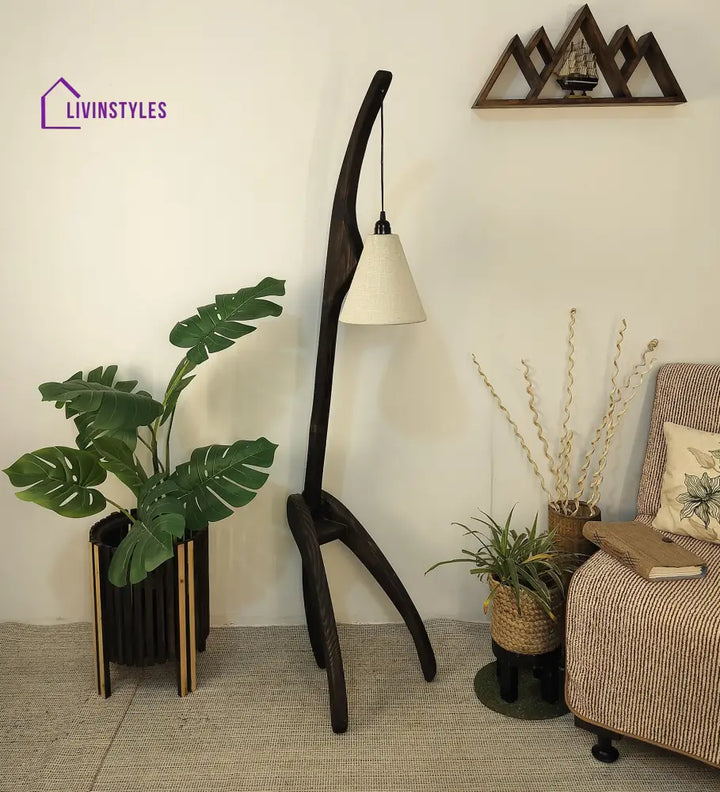 Species Wooden Floor Lamp With Brown Base And Jute Fabric Lampshade Lamps