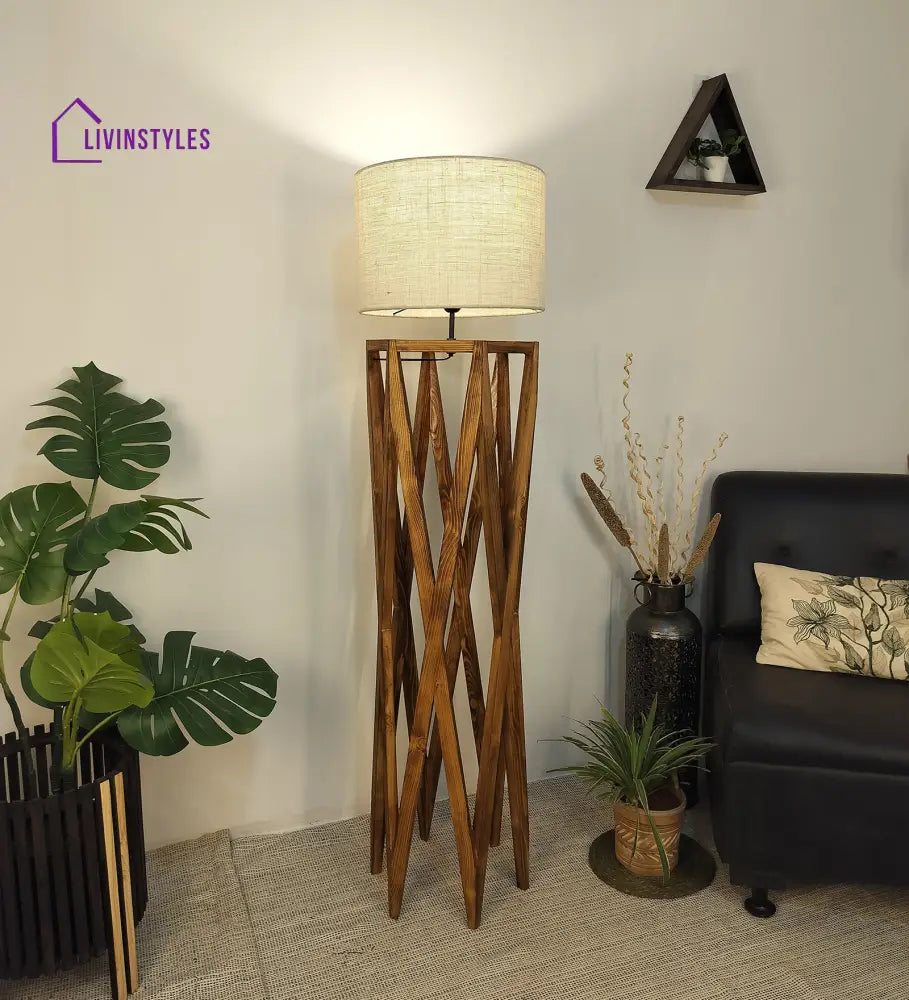 Spectre Wooden Floor Lamp With Brown Base And Jute Fabric Lampshade Lamps