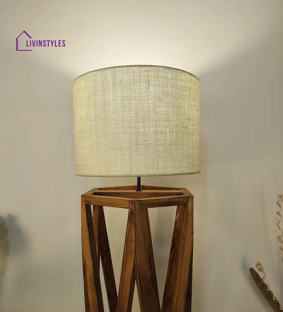 Spectre Wooden Floor Lamp With Brown Base And Jute Fabric Lampshade Lamps