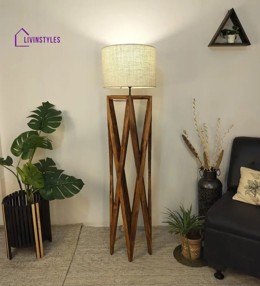 Spectre Wooden Floor Lamp With Brown Base And Jute Fabric Lampshade Lamps