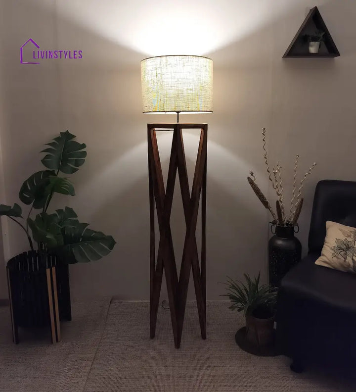 Spectre Wooden Floor Lamp With Brown Base And Jute Fabric Lampshade Lamps