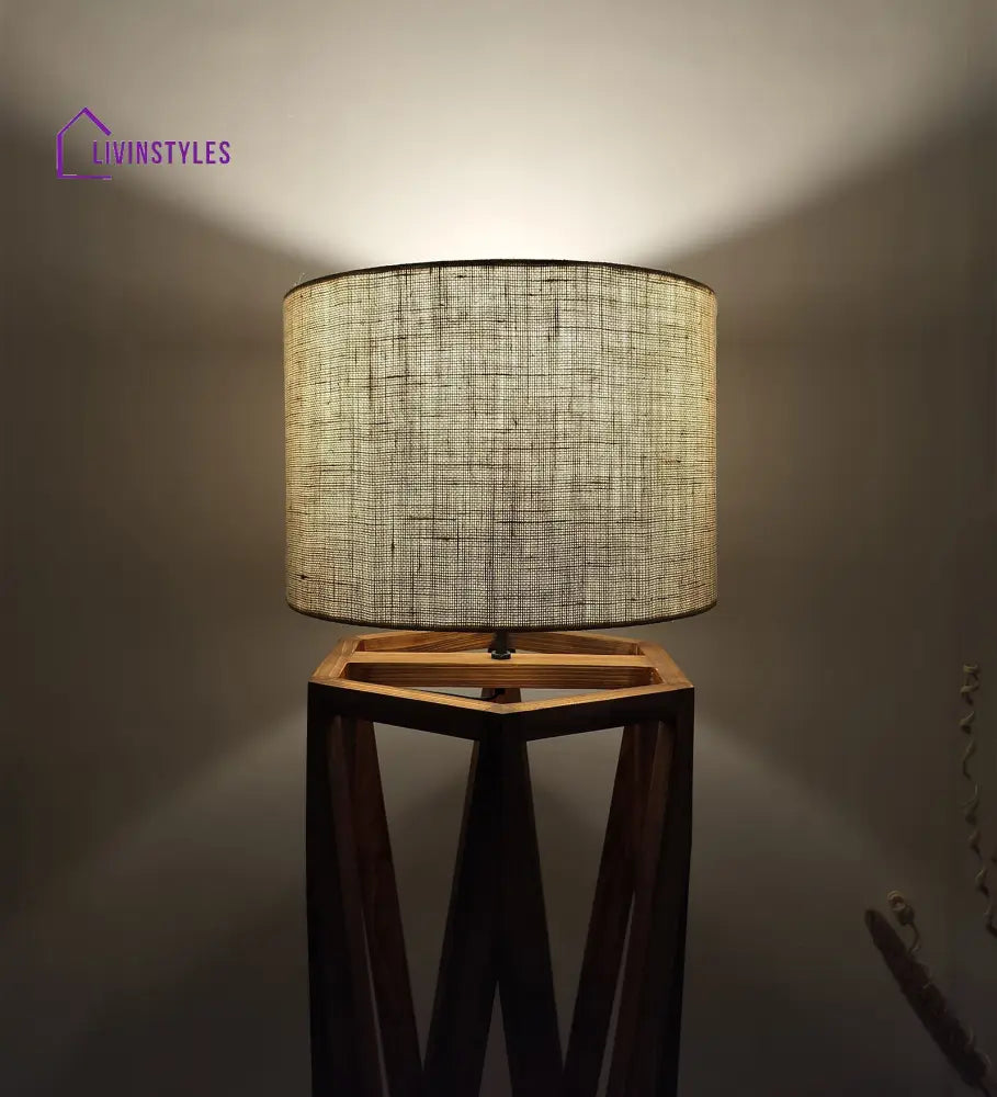 Spectre Wooden Floor Lamp With Brown Base And Jute Fabric Lampshade Lamps